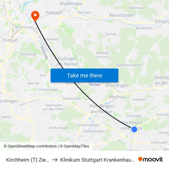 Kirchheim (T) Ziegelwasen to Klinikum Stuttgart Krankenhaus Bad Cannstatt map