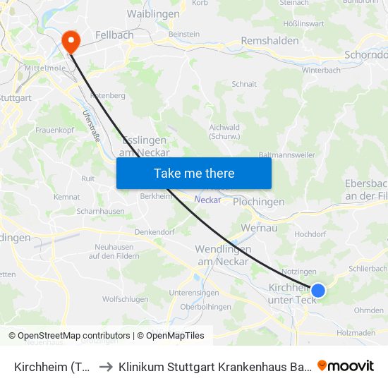 Kirchheim (T) Wald to Klinikum Stuttgart Krankenhaus Bad Cannstatt map