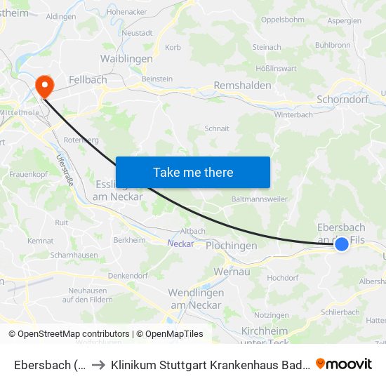 Ebersbach (F) Bf to Klinikum Stuttgart Krankenhaus Bad Cannstatt map