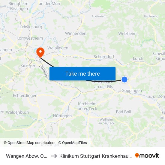 Wangen Abzw. Oberwälden to Klinikum Stuttgart Krankenhaus Bad Cannstatt map