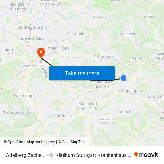 Adelberg Zachersmühle to Klinikum Stuttgart Krankenhaus Bad Cannstatt map