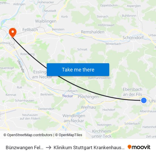 Bünzwangen Feldwiesen to Klinikum Stuttgart Krankenhaus Bad Cannstatt map