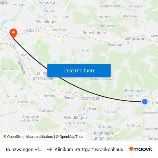 Bünzwangen Pläckertstr. to Klinikum Stuttgart Krankenhaus Bad Cannstatt map