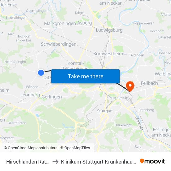 Hirschlanden Rathausplatz to Klinikum Stuttgart Krankenhaus Bad Cannstatt map