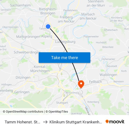 Tamm Hohenst. Stuttgarter Str. to Klinikum Stuttgart Krankenhaus Bad Cannstatt map