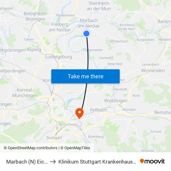 Marbach (N) Eichgraben to Klinikum Stuttgart Krankenhaus Bad Cannstatt map