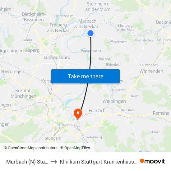 Marbach (N) Stadionhalle to Klinikum Stuttgart Krankenhaus Bad Cannstatt map