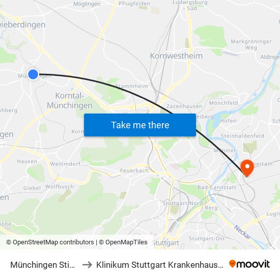 Münchingen Stiegelplatz to Klinikum Stuttgart Krankenhaus Bad Cannstatt map