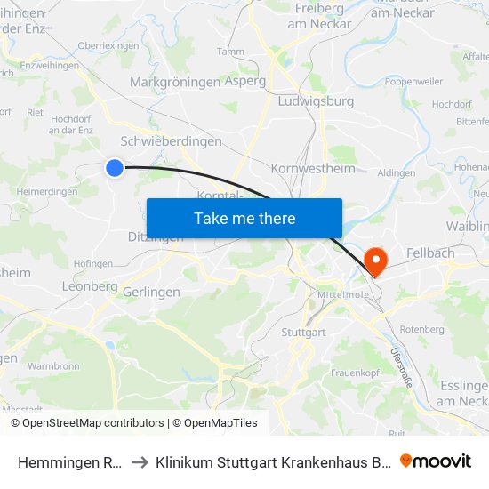 Hemmingen Rathaus to Klinikum Stuttgart Krankenhaus Bad Cannstatt map