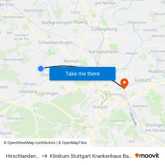 Hirschlanden Nord to Klinikum Stuttgart Krankenhaus Bad Cannstatt map
