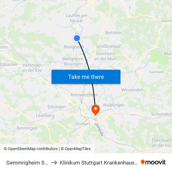 Gemmrigheim Sportplatz to Klinikum Stuttgart Krankenhaus Bad Cannstatt map