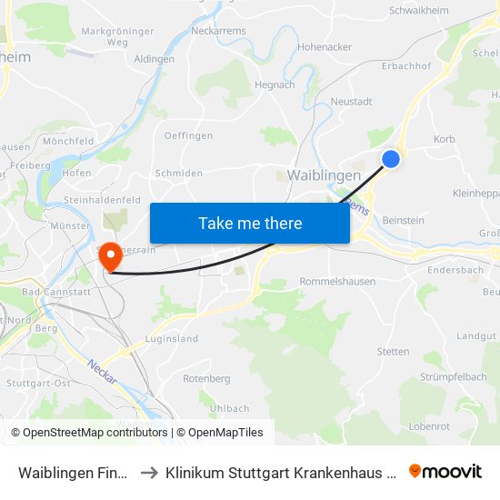 Waiblingen Finkenberg to Klinikum Stuttgart Krankenhaus Bad Cannstatt map