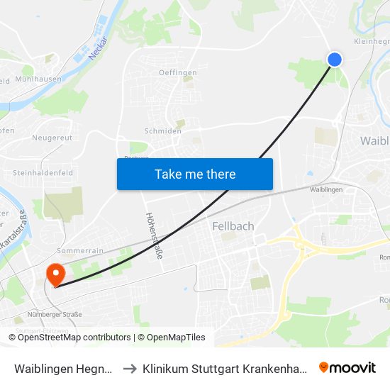 Waiblingen Hegnacher Höhe to Klinikum Stuttgart Krankenhaus Bad Cannstatt map