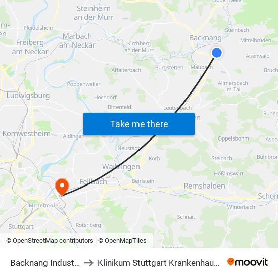 Backnang Industriestraße to Klinikum Stuttgart Krankenhaus Bad Cannstatt map