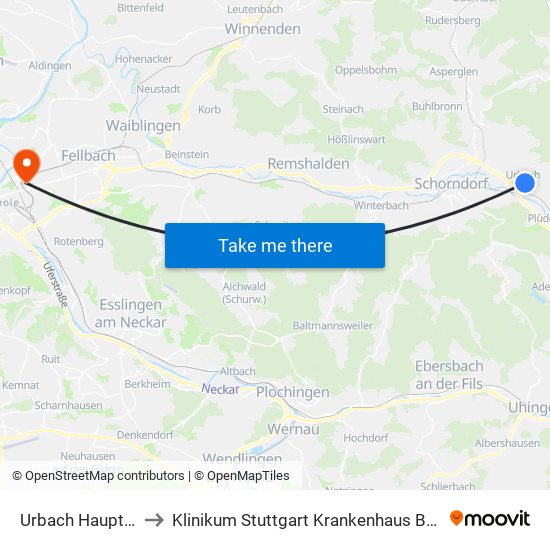 Urbach Hauptstraße to Klinikum Stuttgart Krankenhaus Bad Cannstatt map