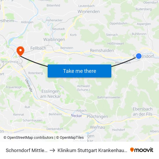 Schorndorf Mittlere Uferstr. to Klinikum Stuttgart Krankenhaus Bad Cannstatt map