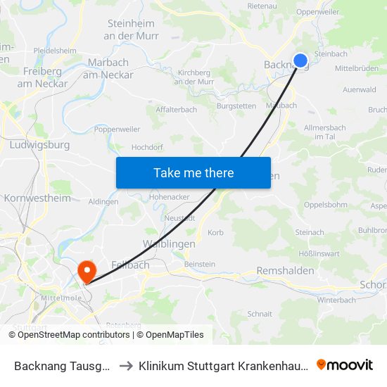 Backnang Tausgymnasium to Klinikum Stuttgart Krankenhaus Bad Cannstatt map