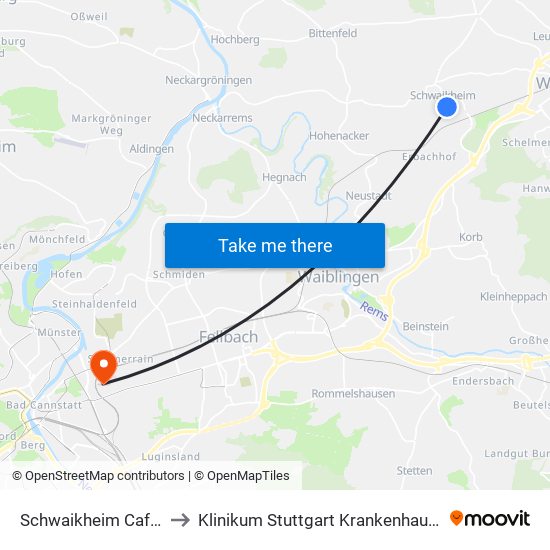 Schwaikheim Cafe Rommel to Klinikum Stuttgart Krankenhaus Bad Cannstatt map