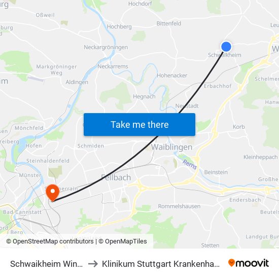 Schwaikheim Winnender Str. to Klinikum Stuttgart Krankenhaus Bad Cannstatt map