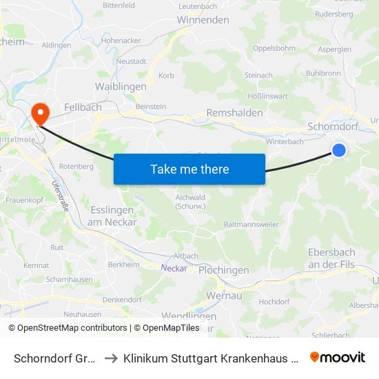Schorndorf Grauhalde to Klinikum Stuttgart Krankenhaus Bad Cannstatt map