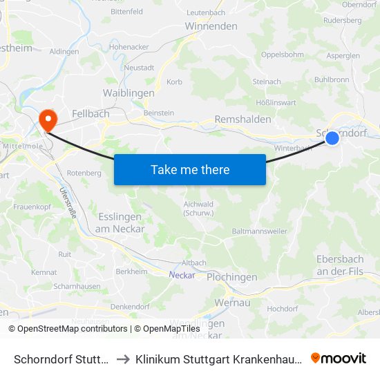 Schorndorf Stuttgarter Str. to Klinikum Stuttgart Krankenhaus Bad Cannstatt map