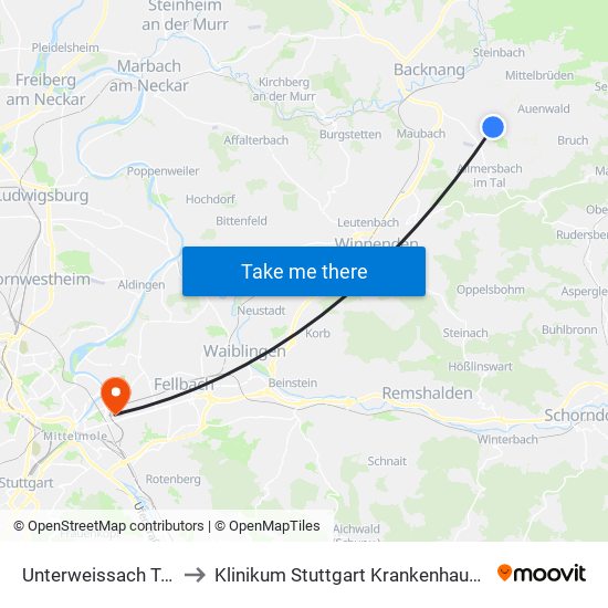 Unterweissach Täferhalde to Klinikum Stuttgart Krankenhaus Bad Cannstatt map