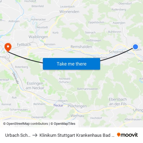 Urbach Schloss to Klinikum Stuttgart Krankenhaus Bad Cannstatt map
