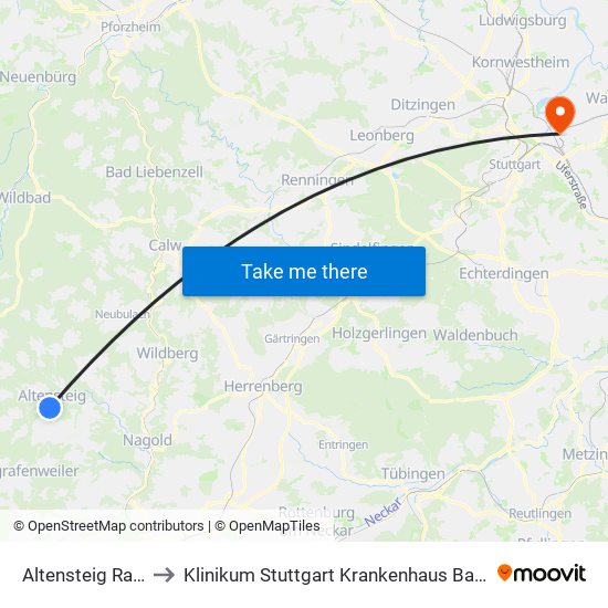 Altensteig Rathaus to Klinikum Stuttgart Krankenhaus Bad Cannstatt map