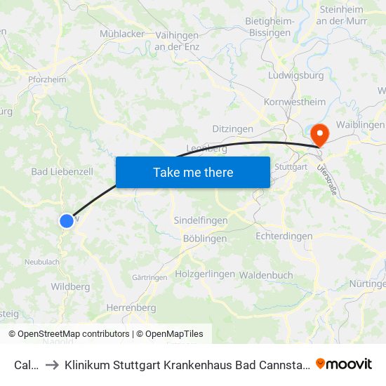 Calw to Klinikum Stuttgart Krankenhaus Bad Cannstatt map