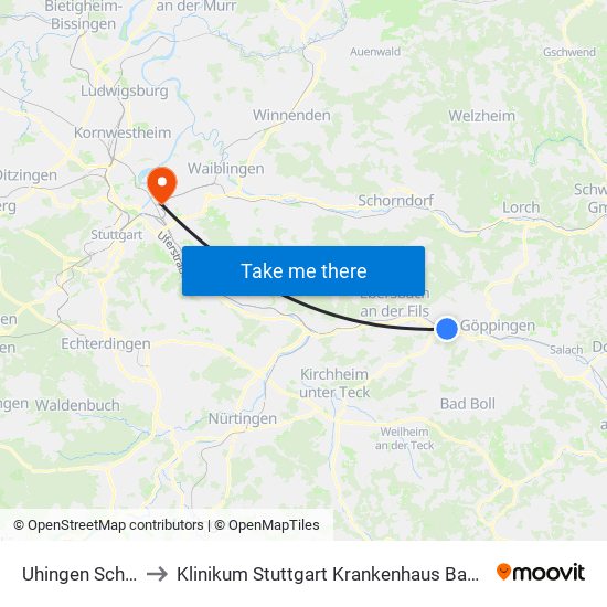 Uhingen Schulstr. to Klinikum Stuttgart Krankenhaus Bad Cannstatt map