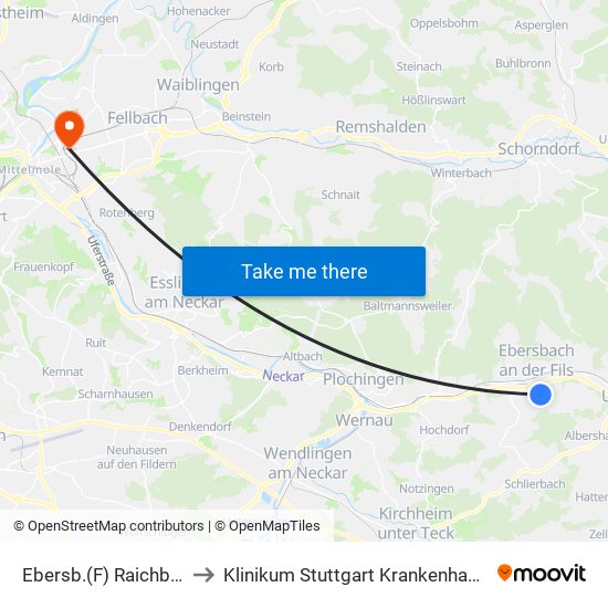 Ebersb.(F) Raichberg Schulz. to Klinikum Stuttgart Krankenhaus Bad Cannstatt map