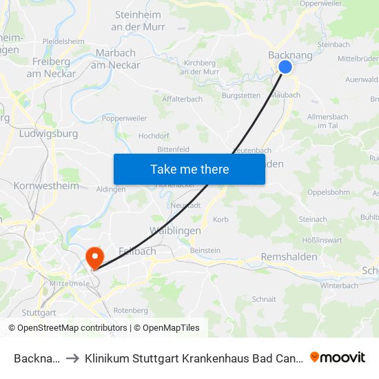 Backnang to Klinikum Stuttgart Krankenhaus Bad Cannstatt map