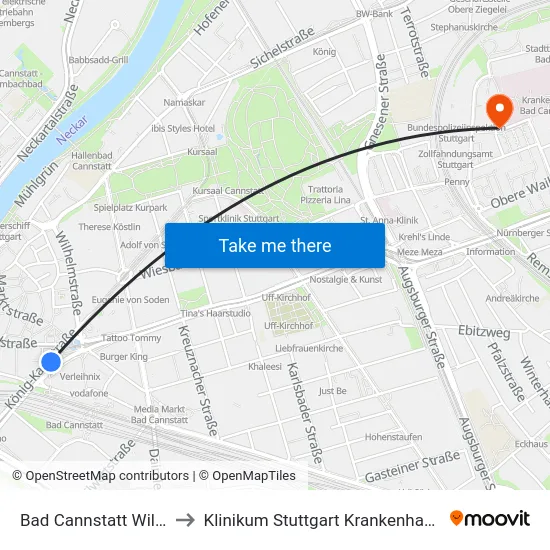Bad Cannstatt Wilhelmsplatz to Klinikum Stuttgart Krankenhaus Bad Cannstatt map