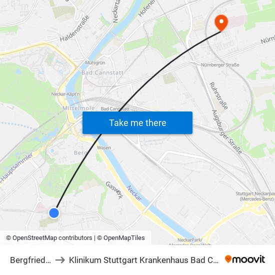 Bergfriedhof to Klinikum Stuttgart Krankenhaus Bad Cannstatt map