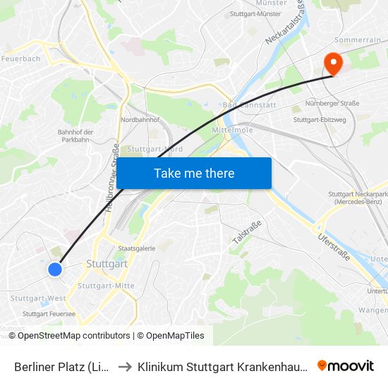 Berliner Platz (Liederhalle) to Klinikum Stuttgart Krankenhaus Bad Cannstatt map