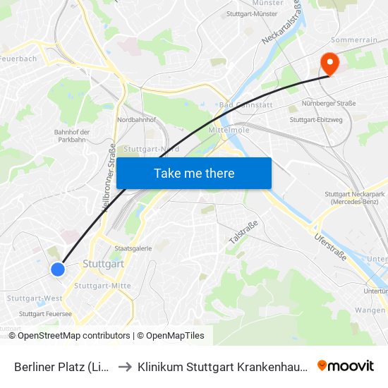 Berliner Platz (Liederhalle) to Klinikum Stuttgart Krankenhaus Bad Cannstatt map