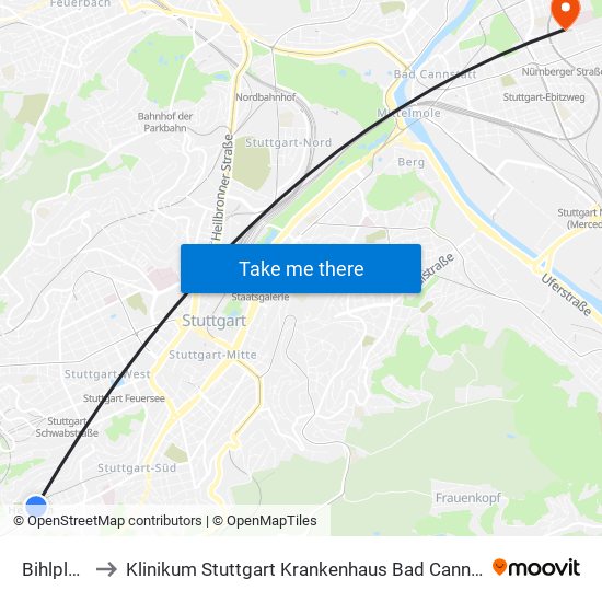 Bihlplatz to Klinikum Stuttgart Krankenhaus Bad Cannstatt map