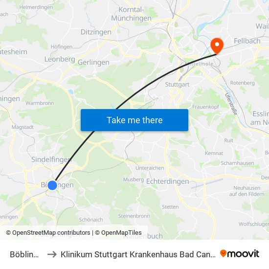 Böblingen to Klinikum Stuttgart Krankenhaus Bad Cannstatt map