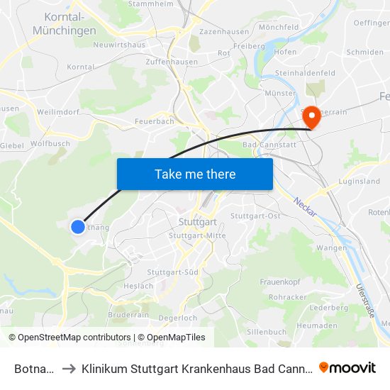 Botnang to Klinikum Stuttgart Krankenhaus Bad Cannstatt map