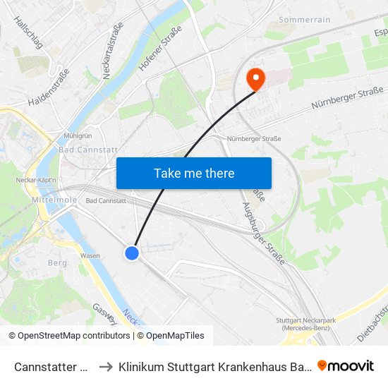 Cannstatter Wasen to Klinikum Stuttgart Krankenhaus Bad Cannstatt map