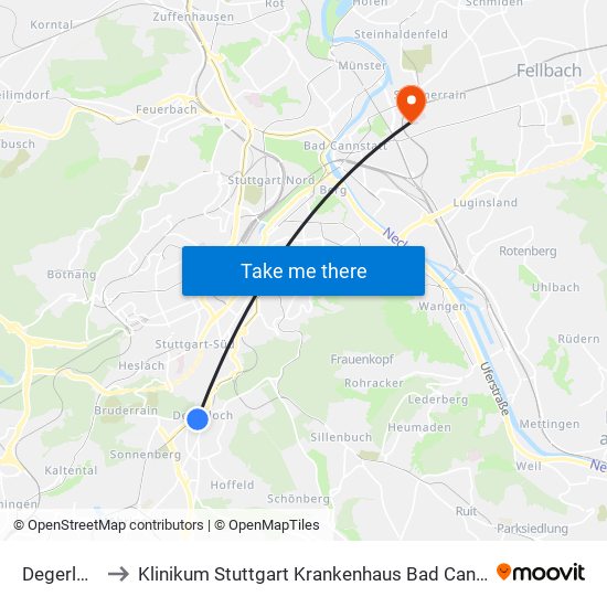 Degerloch to Klinikum Stuttgart Krankenhaus Bad Cannstatt map