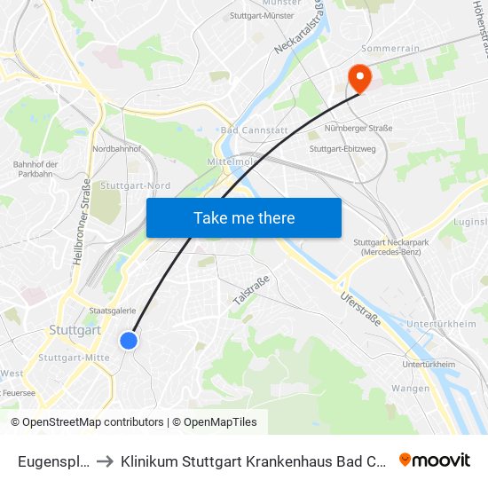Eugensplatz to Klinikum Stuttgart Krankenhaus Bad Cannstatt map