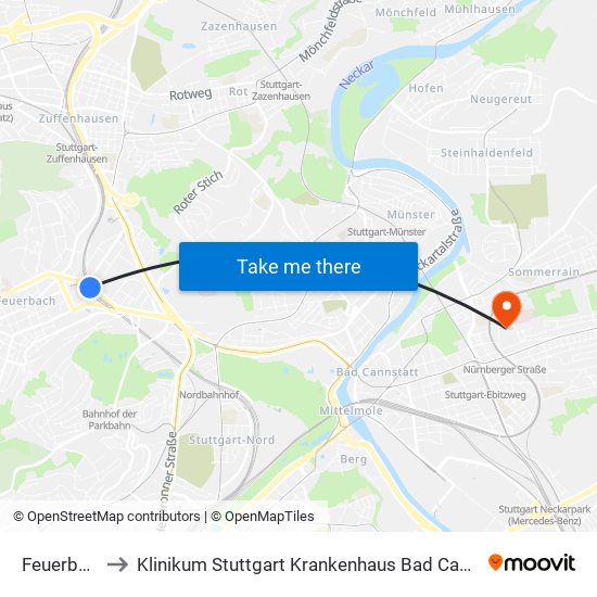 Feuerbach to Klinikum Stuttgart Krankenhaus Bad Cannstatt map