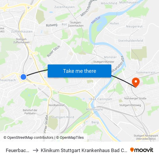 Feuerbach Bf to Klinikum Stuttgart Krankenhaus Bad Cannstatt map