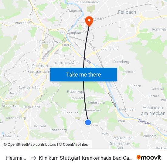 Heumaden to Klinikum Stuttgart Krankenhaus Bad Cannstatt map