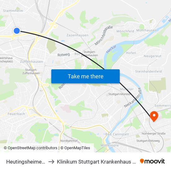 Heutingsheimer Straße to Klinikum Stuttgart Krankenhaus Bad Cannstatt map