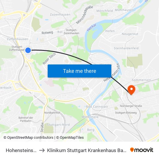 Hohensteinstraße to Klinikum Stuttgart Krankenhaus Bad Cannstatt map