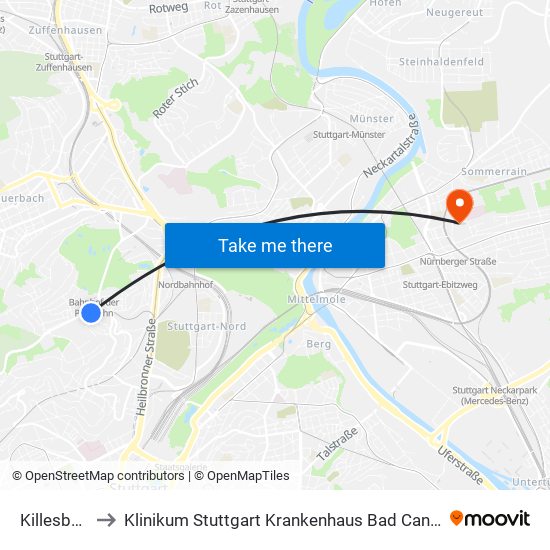 Killesberg to Klinikum Stuttgart Krankenhaus Bad Cannstatt map