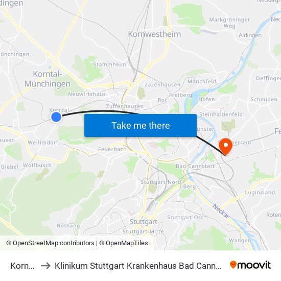 Korntal to Klinikum Stuttgart Krankenhaus Bad Cannstatt map