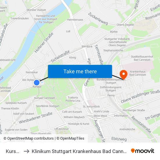 Kursaal to Klinikum Stuttgart Krankenhaus Bad Cannstatt map